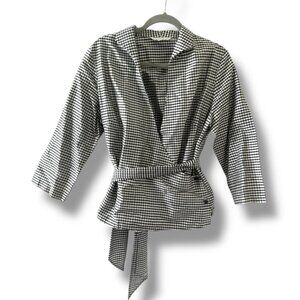 Vintage Connie Roberson Black White Gingham Silk V-Neck Wrap Top Women's Size XL